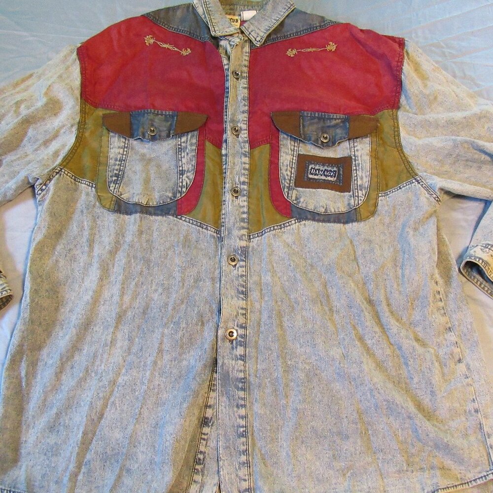 Mens Vtg Major Damage 90s Retro Denim Color Block Button Up Shirt Sz 4 / XXL